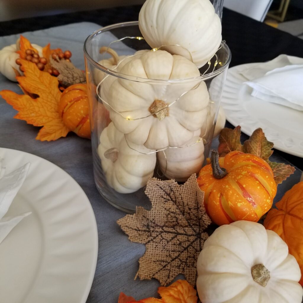 white pumpkins on Thanksgiving table 